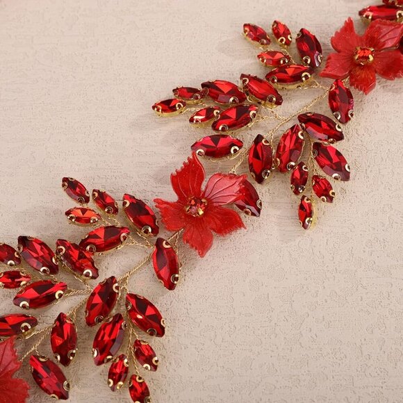 Acrylic Resin Red Flower Headband with Pearl for Wedding Bridesmaid Hair Piece